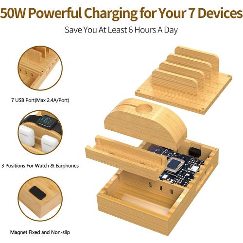 Bamboo Charging Station for Multiple Devices, 15W Fast Wireless Charger Night Light with 3 Color & 4 Adjustable Brightness, Night Stand Charger Station for Phone/Watch/Air-Pods with Adapter