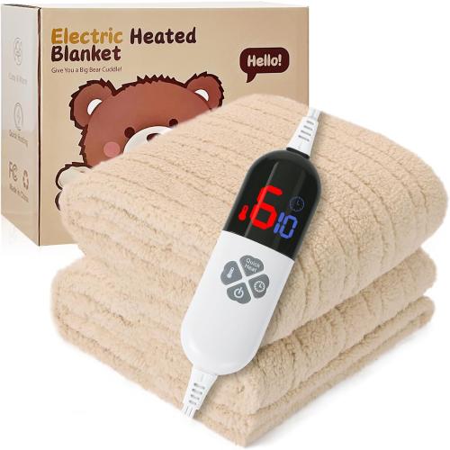 Heated Blanket Full Size 72X84 Beige - Soft Double Sided Sherpa Electric Blanket Full Size with LED Display, 6 Heating Levels & 10 hrs Timer, Machine Washable & Fast Heating, Gift for Women