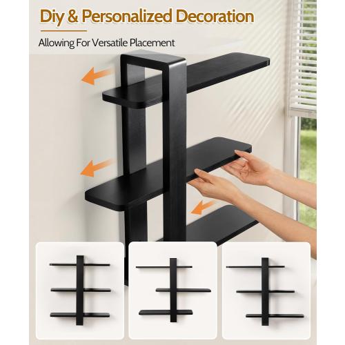 Black Floating Shelves for Wall Mounted Shelving Unit All Pine Wood 3 Tier Large Shelf for Bedroom Living Room Office Bathroom Home Decoration Storage Plant Photo Display Modern 20in