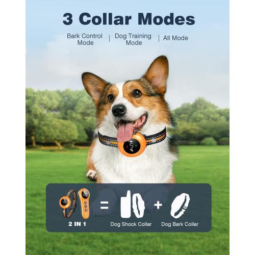 2-in-1 Dog Shock Collar & Dog Bark Collar - Smart Anti Barking Dog Training Collar with 5 Adjustable Sensitivity & 3300FT Remote for All Breeds IP67 Waterproof Rechargeable E-Collar (Orange)