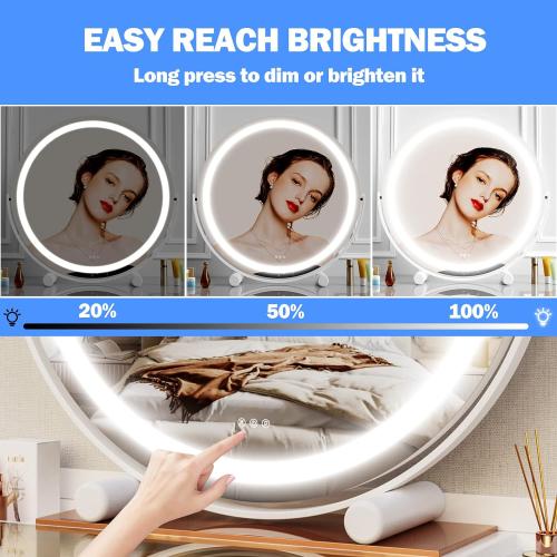 WHITE FRAME 12 Round Vanity Mirror, LED Lights, Smart Touch 360°Rotation, Dimmable White