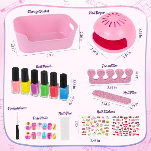 Kids Nail Polish Set for Girls, 14PCS Nail Art Kit with Nail Dryer, Non Toxic Nail Polish kit and Fake Nails for Kids, Girl Toys Age 6-8, Halloween Christmas Birthday Gifts for Girls 8-12
