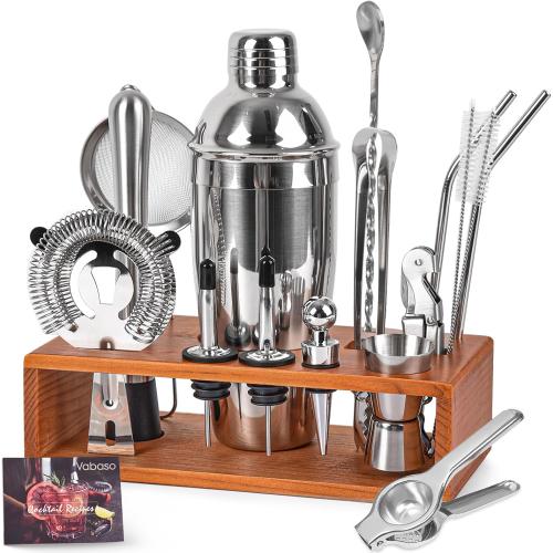 Vabaso 20-Piece Bartender Kit with Stand, Cocktail Shaker Set for Home Bar, 25oz Professional Stainless Steel Bar Tool Set with Cocktail Recipes Booklet, Christmas White Elephant Gifts for Adults Men