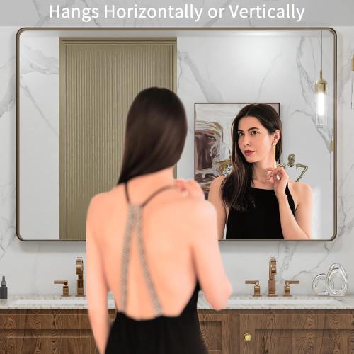 LOAAO 48”X32” Bronze Bathroom Mirrors for Vanity, Rounded Rectangle Brushed Bronze Metal Frame Mirror, Anti-Rust, Tempered Glass, Hangs Horizontally or Vertically