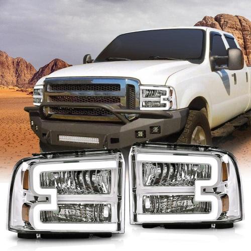 PIT66 LED Headlight Assembly Compatible with 2005-2007 Ford F250 F350 F450 F550 Super Duty/ 2005 Excursion,(Not Fit Sealed Beam Headlight model) Clear Lens Chrome Housing Amber Reflector