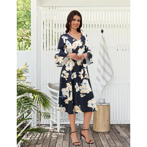 Size XL...Womens Cocktail Dress 2025 Homecoming Fall Vintage Long 3/4 Bell Sleeves Semi Formal Dresses for Wedding Guest