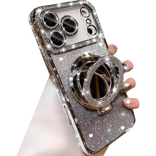 Changjia Magnetic Kickstand Glitter Case for iPhone 17 Pro,[Compatible with Magsafe] Cute Bling Sparkly Rhinestones with Camera Protector &Makeup Mirror Women Girls Case for iPhone 17 Pro 6.3, Silver
