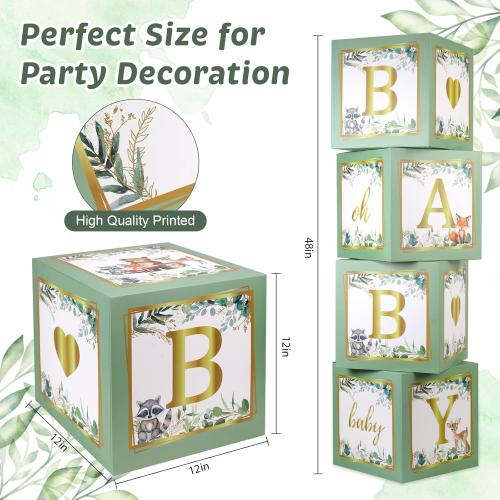 Sage Green Baby Boxes with Letters for Baby Shower, 4pcs Safari Jungle Print Baby Shower Decorations for Balloon Boxes Gender Reveal Baby Blocks BabyShower for Birthday Party Favors