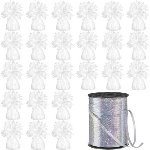 Yunsailing 24 Pcs Balloon Weights Metallic Anchor Balloon Holder for Helium Balloons Heavy Table Weights and 1 Roll Iridescent Crimped Ribbon for Birthday Wedding Baby Shower Party(Silver, White)