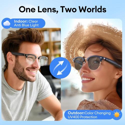 Smart Glasses, Photochromic Lenses Bluetooth Glasses, Blue Light Blocking, Open-Ear Speakers, Ligthweight Design Photochromic Sunglasses for Men and Women, Gold UF-C8 Ultra (No translation function)