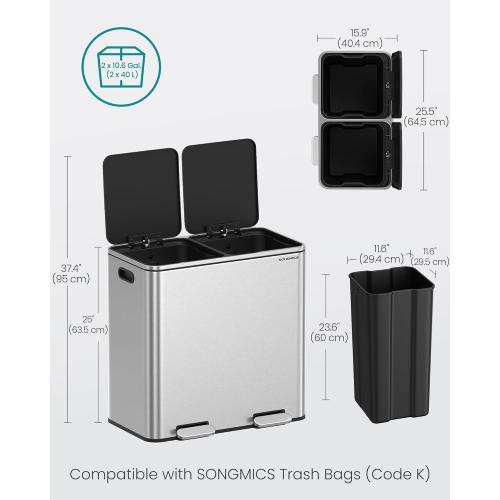 SONGMICS Trash Can, 2 x 10.6 Gallon (2 x 40 L) Garbage Can for Kitchen, with 15 Trash Bags, 2 Compartments, Plastic Inner Buckets and Hinged Lids, Airtight, Silver and Black ULTB730E80