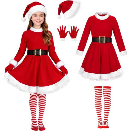 Kids Large Girls Santa Dress - Mrs Claus Costume Christmas Outfit with Belt Socks Hat Gloves