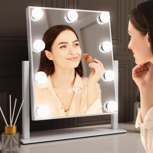 WHITE Hollywood Vanity Makeup Mirror with Lights - 9 LED Bulbs, Touch Control, 3 Colors Light, 360° Rotation, Light Up Vanity Mirror for Dressing Room & Bedroom