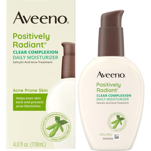 Aveeno Positively Radiant Clear Complexion Face Moisturizer, Acne Facial Moisturizer with Soy and Salicylic Acid for Oily Skin, Hypoallergenic Formula, Paraben-Free, Non-Comedogenic, Pump, 4 FL OZ