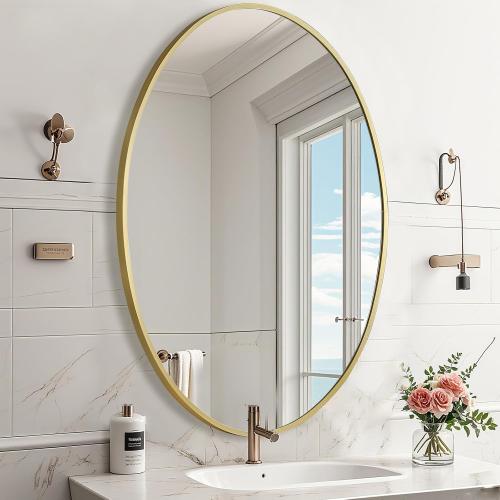 Gold Oval Mirror for Bathroom, 26x38 Inch Oval Bathroom Mirror with Brushed Metal Frame, Wall Mounted Decorative Vanity Mirror for Bathroom, Living Room, Entryway