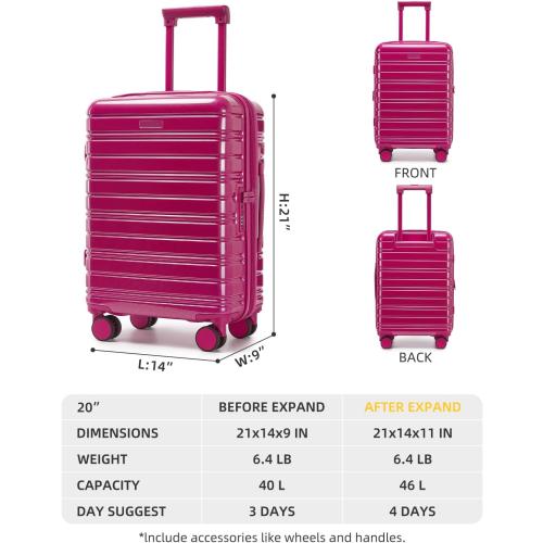 Carry On Luggage 22x14x9 Airline Approved, 20 Inch Expandable PC ABS Hardside Suitcase Carry On Luggage with Spinner Wheels for Women Men (Very Berry)