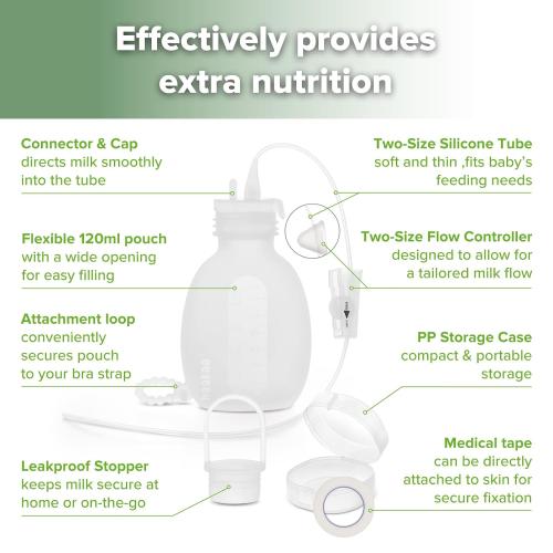 haakaa Supplemental Feeding Tube & Pouch Set, Baby Supplemental Nursing System, SNS Breastfeeding System, Food Grade Silicone, New Upgraded Design with Dual Tube Flow Control