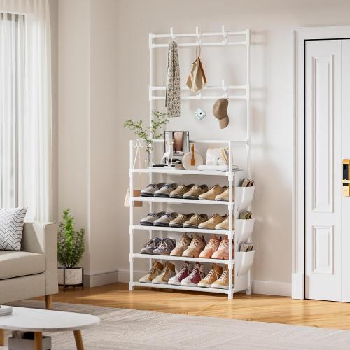 WHITE Shoe Rack 5 Tier Shoe Organizer Storage 15-20 Pairs Shoes Rack for Closet Entrance Shoe Rack Organizer with Hooks and Side Pocket Entryway Shoe Holder Space Saving Free Standing Shoe Racks