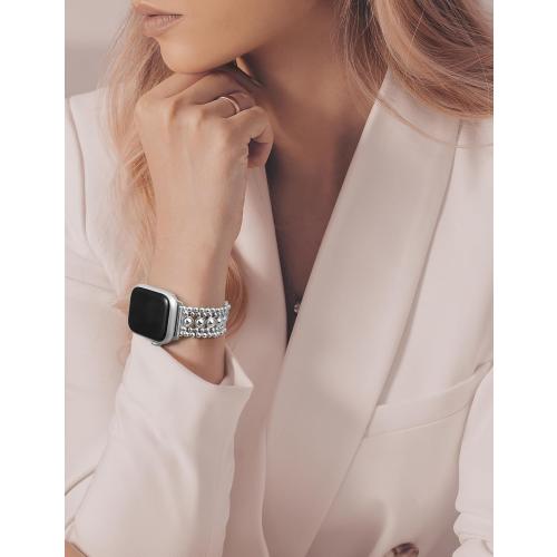 Minyee Compatible with Apple Watch Band 42/46/38/40/41/44/45/49mm Women, Dressy Pretty Stainless Steel Metal Strap Fancy Studded Designer Link Bracelet for iWatch Series 11 10 9 8 7 6 5 4 SE/Ultra 3