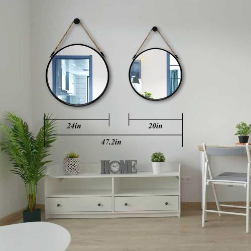 POZINO Round Hanging Mirror, 20 Rope Wall Mirrors Decorative, Black Metal Frame Circle Mirrors, Farmhouse Wall Mounted Mirrors for Bathroom, Bedroom, Living Room, Entryway, Home Decor