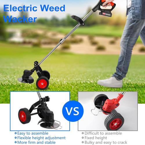Electric Weed Wacker with Wheels, Cordless Weed Eater 2000mAh 21V Battery Operated, 3 in 1 Weed Trimmer Brush Cutter with Adjustable Telescopic Pole for Villas, Yards & Parks, Black, ELM001