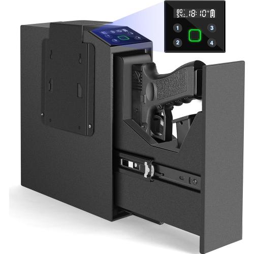 Biometric Slider Handgun Gun Safe with LCD Screen of Temp Humidity Time for Nightstand, Desk, Bed Side, Wall, Truck