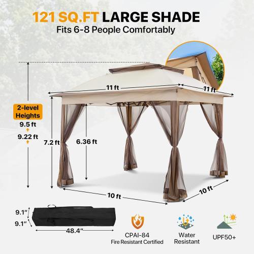COOS BAY 11x11 Pop Up Gazebo with Mesh Netting, Instant Outdoor Canopy Tent, Water Resistant Shelter with UPF 50  UV Protection, 121 Sq Ft Coverage, Beige