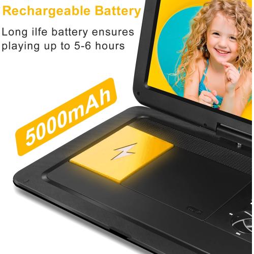19.6 Portable DVD Player with 17.1 Large HD Screen, 5 Hours Rechargeable Battery, DVD Player Portable with Car Charger, Support USB/SD Card/Sync TV and Multiple Disc Formats, High Volume Speaker