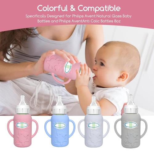 WAJIAYON 4 Pack Silicone Sleeves for Dr. Brown's Glass Baby Bottles -Drop Protection Easy-Grip Baby Bottle Sleeves Holder with Handles, Compatible with Dr. Brown's Newborn Glass Bottles 4 oz/120 ml
