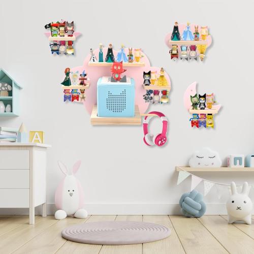 for Toniebox 2/1 Tonie Shelf Wall Mounted Set,Tonies Figures Tonies Storage,Magnetic Wooden Floating Shelves Compatible with Tonie Box Player Character for Children Room(Pink-Set)