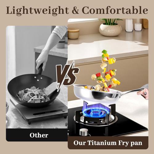 9.45 Inch Titanium Pan,99.6% Titanium Frying Pan for Cooking Healthy Non-Toxic Cookware with Lid Plateful Pan for Even Heating, Induction Compatible, Oven & Broiler Safe