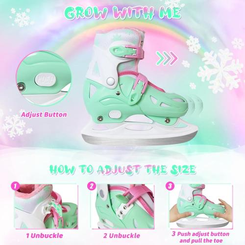 Nattork Ice Skates for Girls Kids Boys with Sturdy Plastic Shell, 4 Sizes Adjustable Skates, Outdoor Skating Essentials Perfect Choice Pink Blue Green