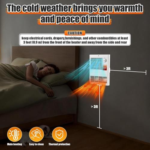 9815WH High-Capacity Wall-Mounted Electric Heater with Built-In Adjustable Thermostat and Silent Motor Delivers 1500W,120/240V Voltage Suitable for Kitchen,Bedroom,Living Room, Corridor, White