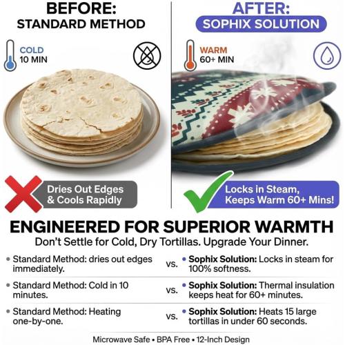 Sophix Tortilla Warmer Pouch - 12-Inch Large Size - This Thermal Insulated Fabric Holder Keeps Tortillas, Naan Bread, and Pizza Rolls Warm for up to One Hour (Christmas Design)