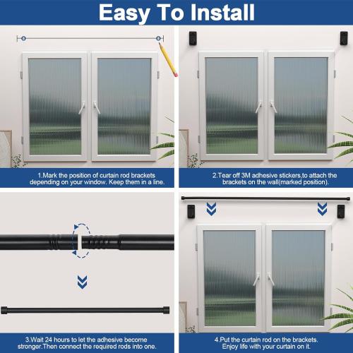 Curtain Rods No Drilling for Windows 30 to 45 Inches,5/8 Inch Diameter No Drill Small Curtain Rod Set with 3M Adhesive Brackets, Black