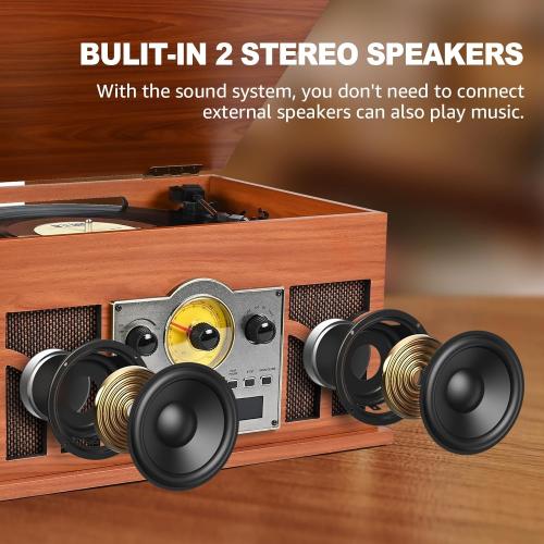 10-in-1 Vinyl Record Player with Built-in Speakers Wireless Playback, CD & Cassette Player, USB Player, AM/FM Radio, 33/45/78 Speed Turntable Mahogany