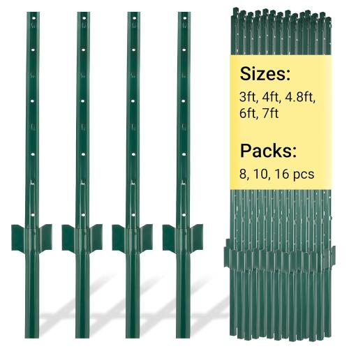 Fence Post 3 FT - 16 Packs, Metal Heavy Duty U Posts, Powder-Coated for Long-Lasting Use, Perfect for Holding Wire &Plastic Mesh, Corner Anchors, Green