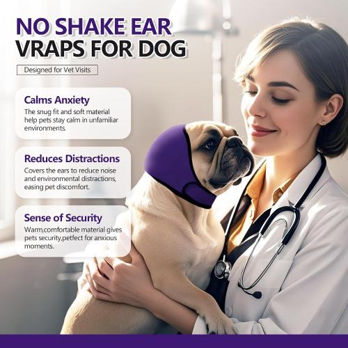 Dog Ear Muffs & No Shake Ear Wrap for Hematoma, Bathing, Drying & Noise Anxiety Relief - Elastic Waterproof Ear Protector with Calming Hoodie Design for Grooming (Purple, L)