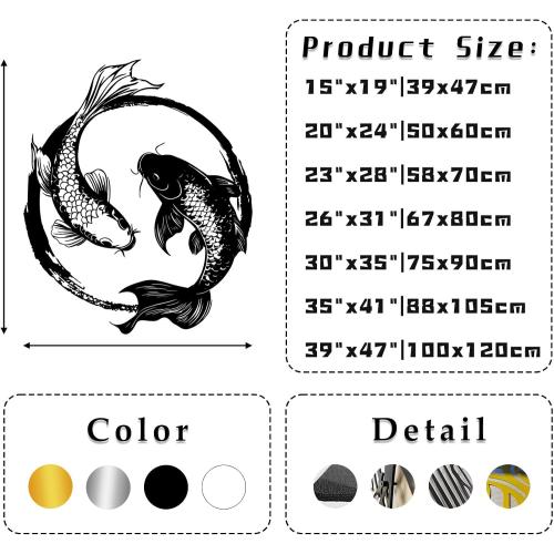 Metal Koi Fish Wall Decor, Koi Fish Metal Wall Art, Feng Shui Koi Fish, Yin Yang Wall Art, Zen Art Wall Decor, Feng Shui Home Design, Spiritual Metal Sign, Bathroom Wall Decor (Gold, 30x35|75x90cm)