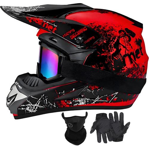 Youth Dirt Bike Helmets Fashion Kids Children Motocross, Motorcycle, BMX, ATV, Off-Road, Four Wheeler, Moutain Bike Full Face Helmets Dot Approved (Goggles Gloves Faceshield)