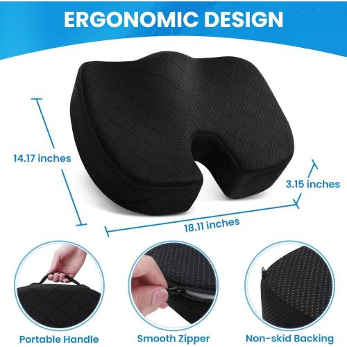 Memory Foam Seat Cushion, , Black, Non-Slip Bottom, for Office Chair, Car Seat, Wheelchair