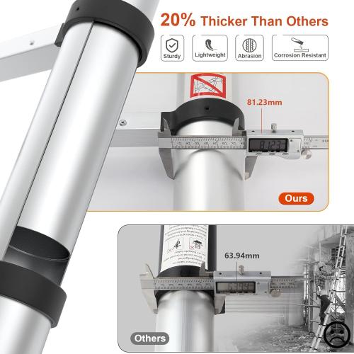 Silver 12.5ft Telescoping Ladder, LUISLADDERS Aluminum Telescopic Extension Ladder One-Button Retraction with Hooks EN131 330lbs Max Capacity, Multi Purpose Collapsible Ladder for RV or Outdoor Work