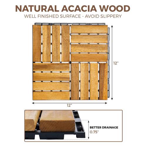 10 PCs Interlocking Deck Tiles, 12x12 inches Waterproof Wood Patio Floor Tiles for Indoor and Outdoor, Easy Snap Flooring, Balcony, Garden, Square Joints, Natural