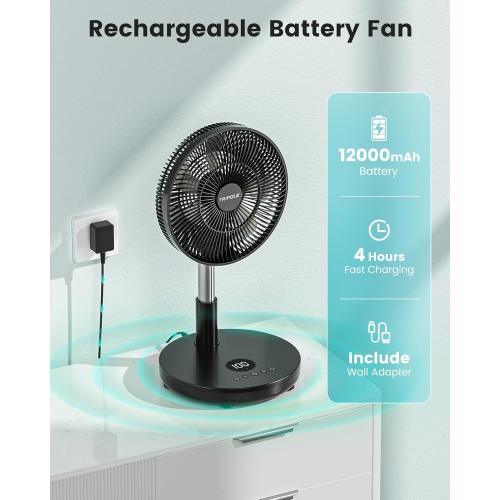 TriPole Foldable Standing Fan 12 Portable Rechargeable Quiet Fans, 6 Speed | Auto-oscillating, 12000mAh Battery Folding Fan, LED Display, Remote Control, Timer Setting, Height Adjustable for Home Office