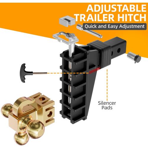 LOCAME Adjustable Trailer Hitch with Hook, Tri-Ball (1-7/8, 2, 2-5/16) Drop Hitch, Fits 2.5 Inch Receiver, 6 Drop Down Hitch, 18,500 LBS Heavy Duty Truck, Solid Ball Mount, Gold, LC0085