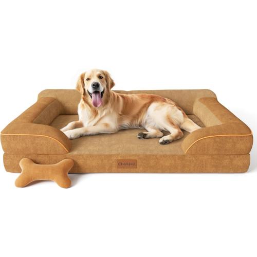 Extra Large Dog Bed, Orthopedic Dog Beds with Cooling Gel Memory Foam, Waterproof XL Pet Bed with Removable Washable Cover, 42 Pet Sofa Couch Dutch Velvet with Bone Toy, Brown