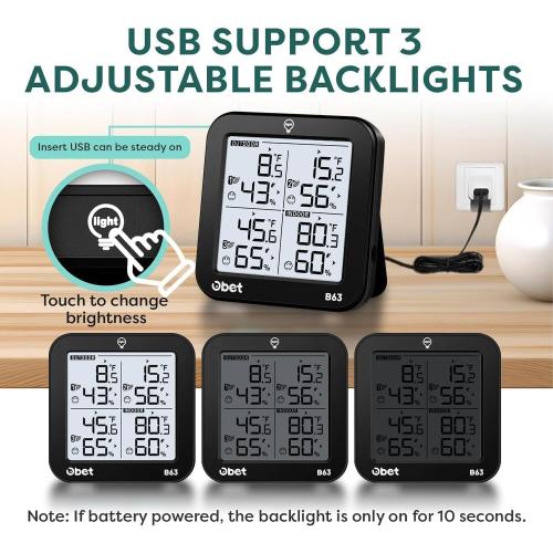 OBET Weather Station Wireless Indoor Outdoor Thermometer Wireless, Digital Temperature and Humidity Monitor with 3 Sensors, Adjustable Backlight, USB Port (500 Feet)