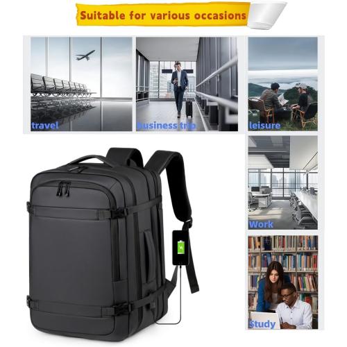 Extra Large 50L expandable travel laptop backpack Men Women,Airline Approved travel backpack,Business commuting backpack, water-resistant (Black)