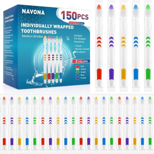 Navona Set of 150 PCS Individually Wrapped Bulk Toothbrush Pack, Disposable Soft Bristle for Adult or Kid, Ergonomic Handle, Perfect for Travel, Hotel, Donation