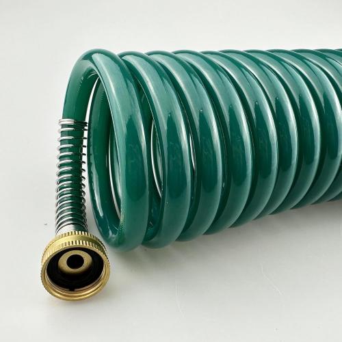 Garden Hose, Green PU Curly Water Hose with Brass Connectors,Watering Hose Coil,Retractable,Corrosion Resistant Garden Coil Hose (Dark Green, 25 FT)
